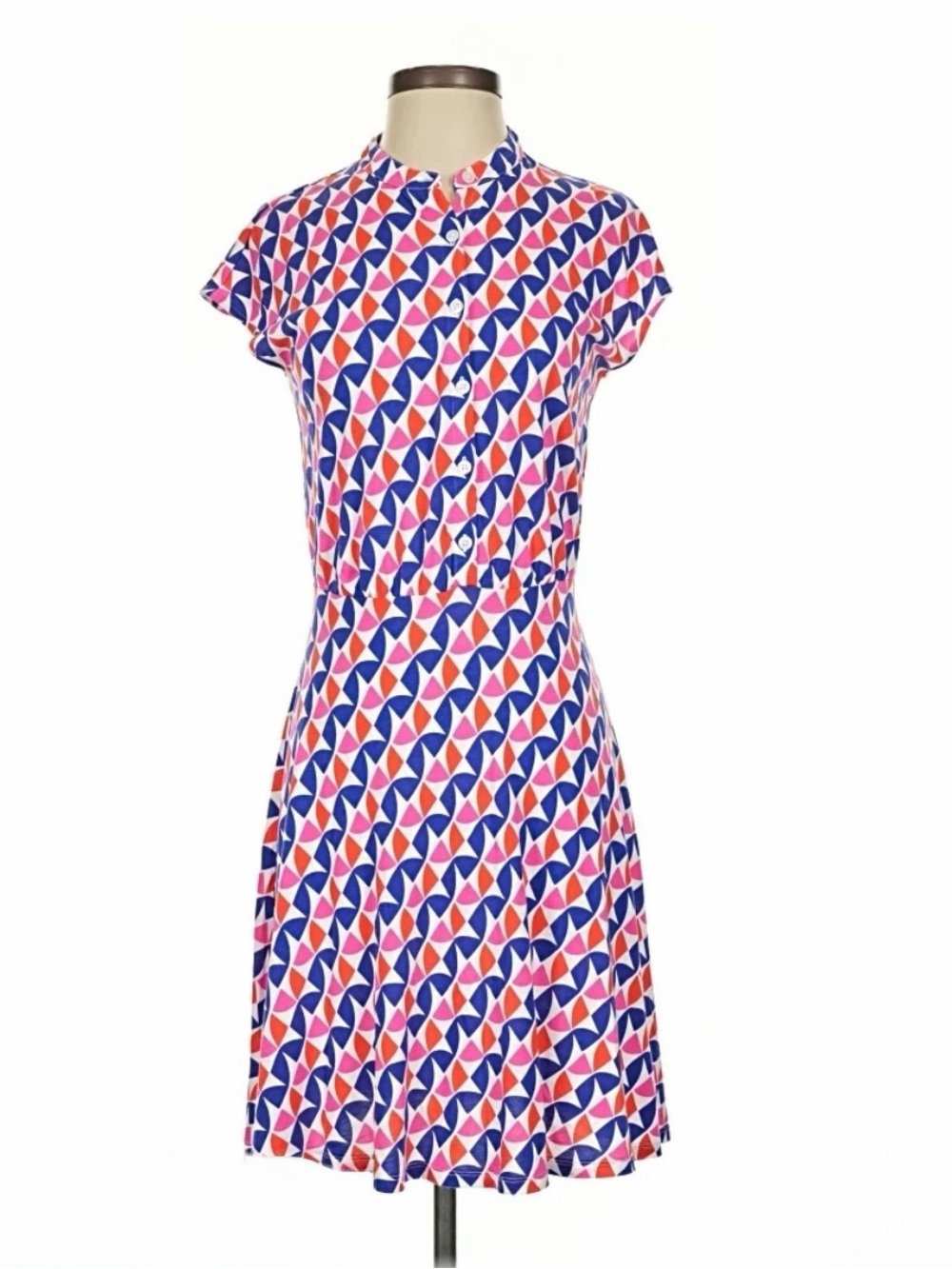 Boden Geometric Print V-Neck Women's Dress in Red, Pink, Blue & White